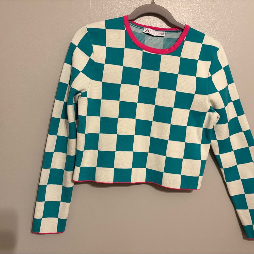 Zara Teal and White Checkered Crop Top